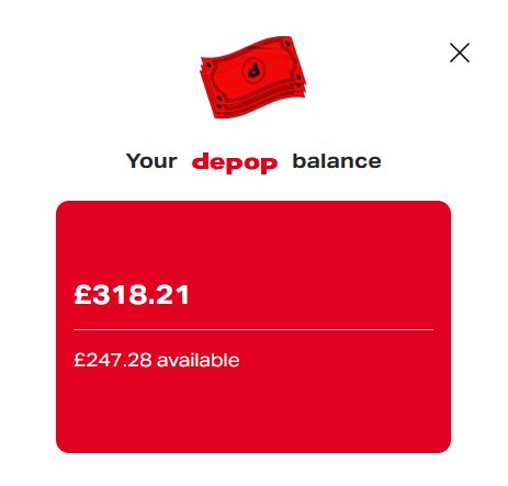 Depop balance showing 318.21 pounds with 247.28 pounds available