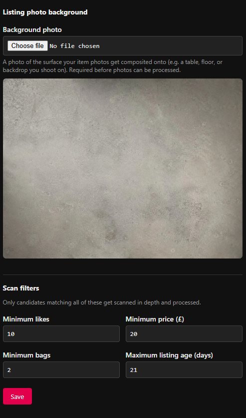 Bot settings: upload your listing background and set minimum likes, price, bags and listing age