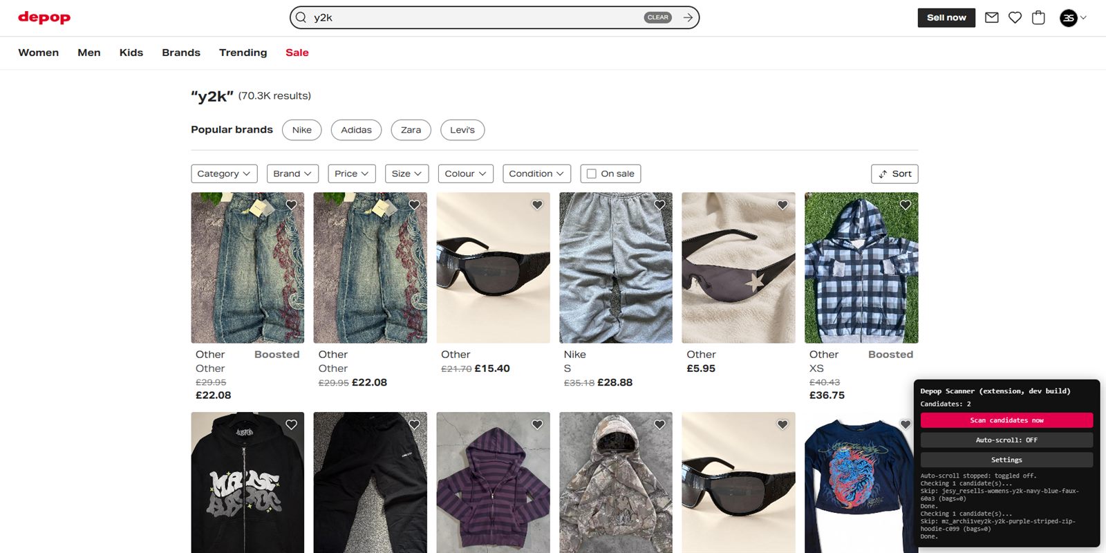 The Scanner panel running on a Depop search page, showing 2 candidates and a Scan candidates now button